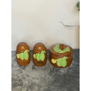 Vintage Ceramic Salt Pepper Shakers‎ and Covered bowl  Brown, yellow flower